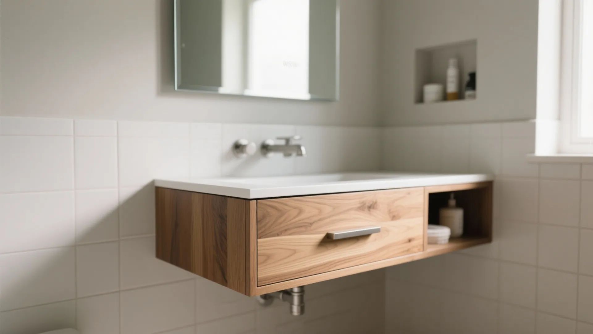 Floating Vanity and Recessed Storage to Save Inches