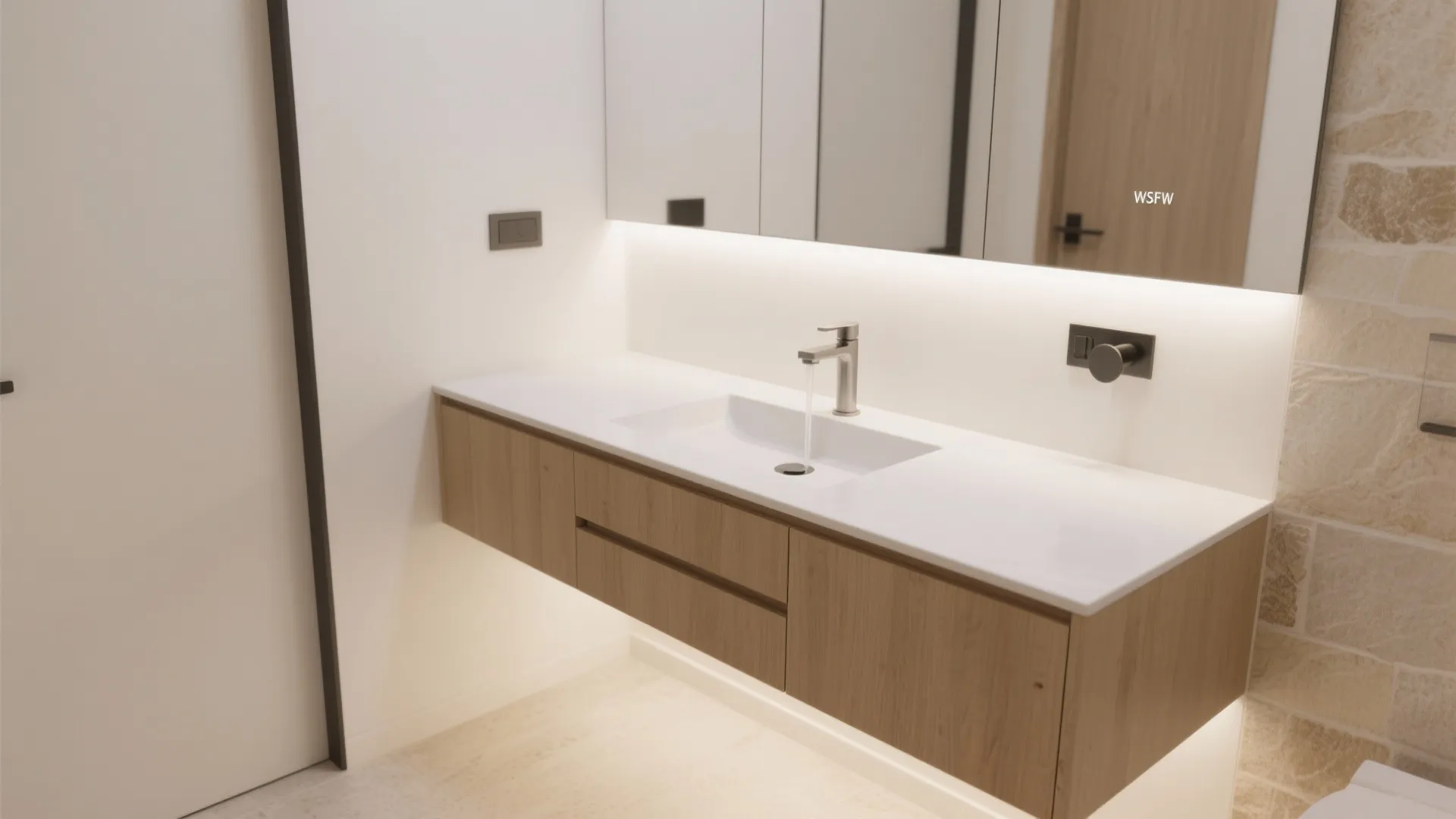 1) Floating vanity + wall-mounted faucet