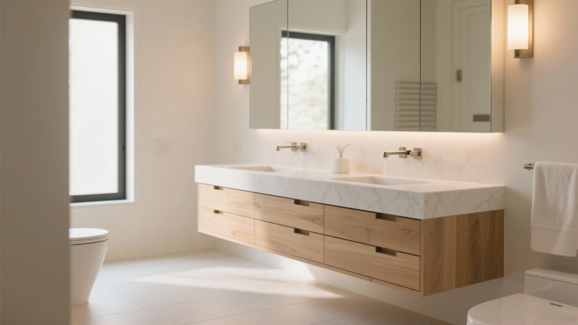 Floating vanity with wall-mounted faucet