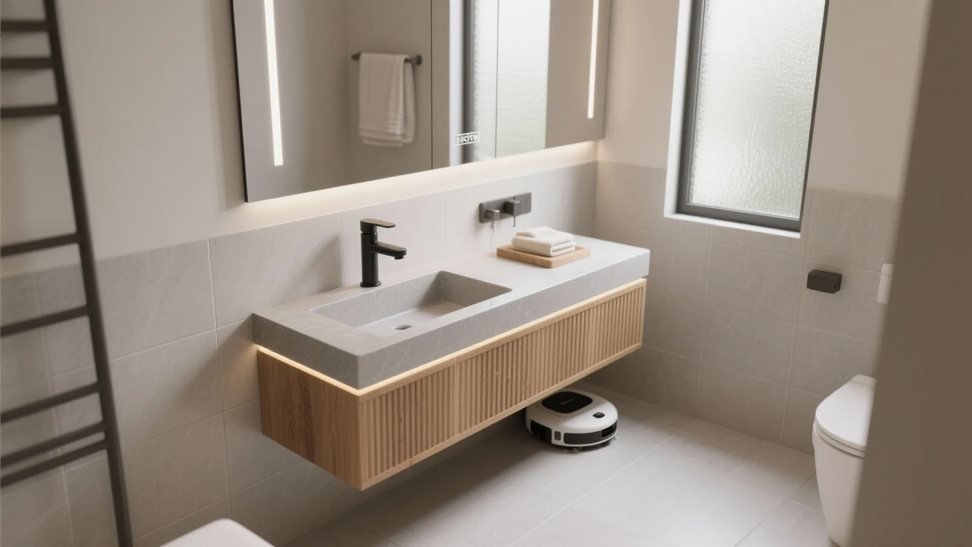 Floating bathroom cabinet with stone top, black faucet, lit mirror, and a small vacuum robot