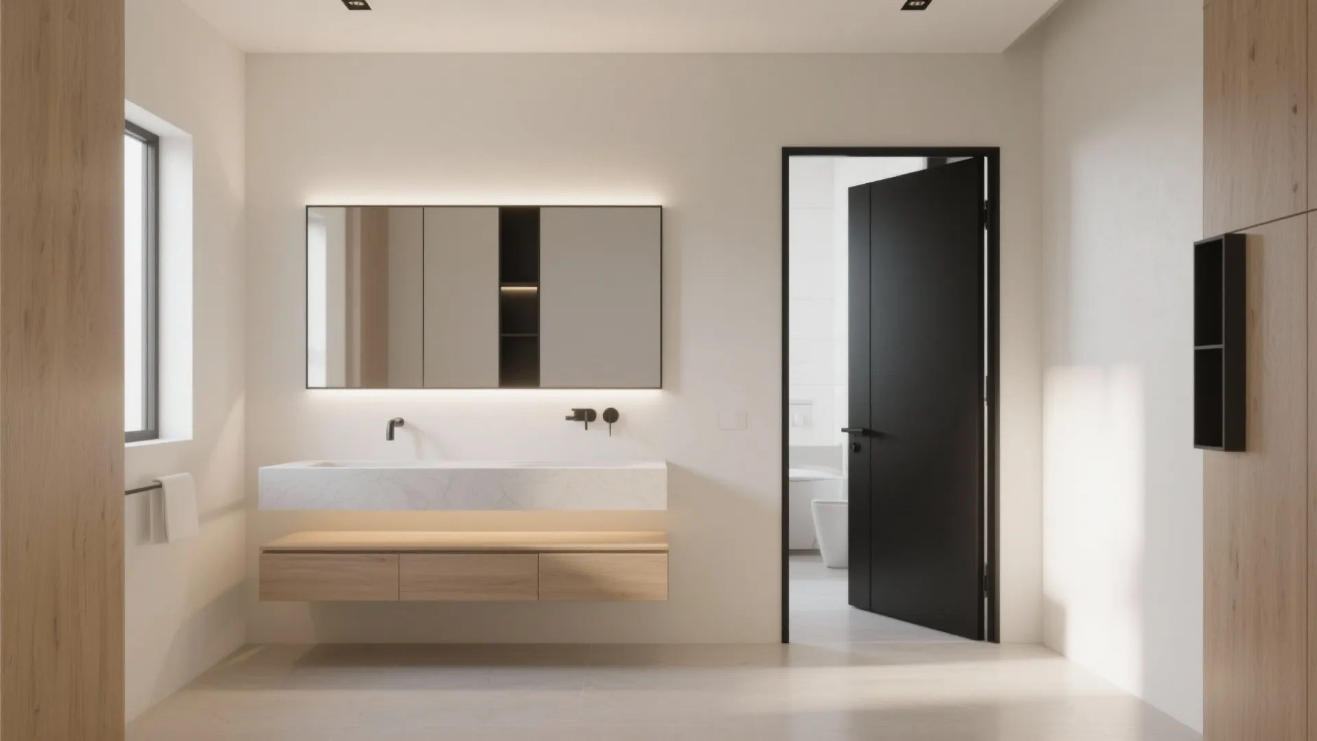 Modern bathroom with floating wood cabinet, white marble sink, backlit mirror, and a black door