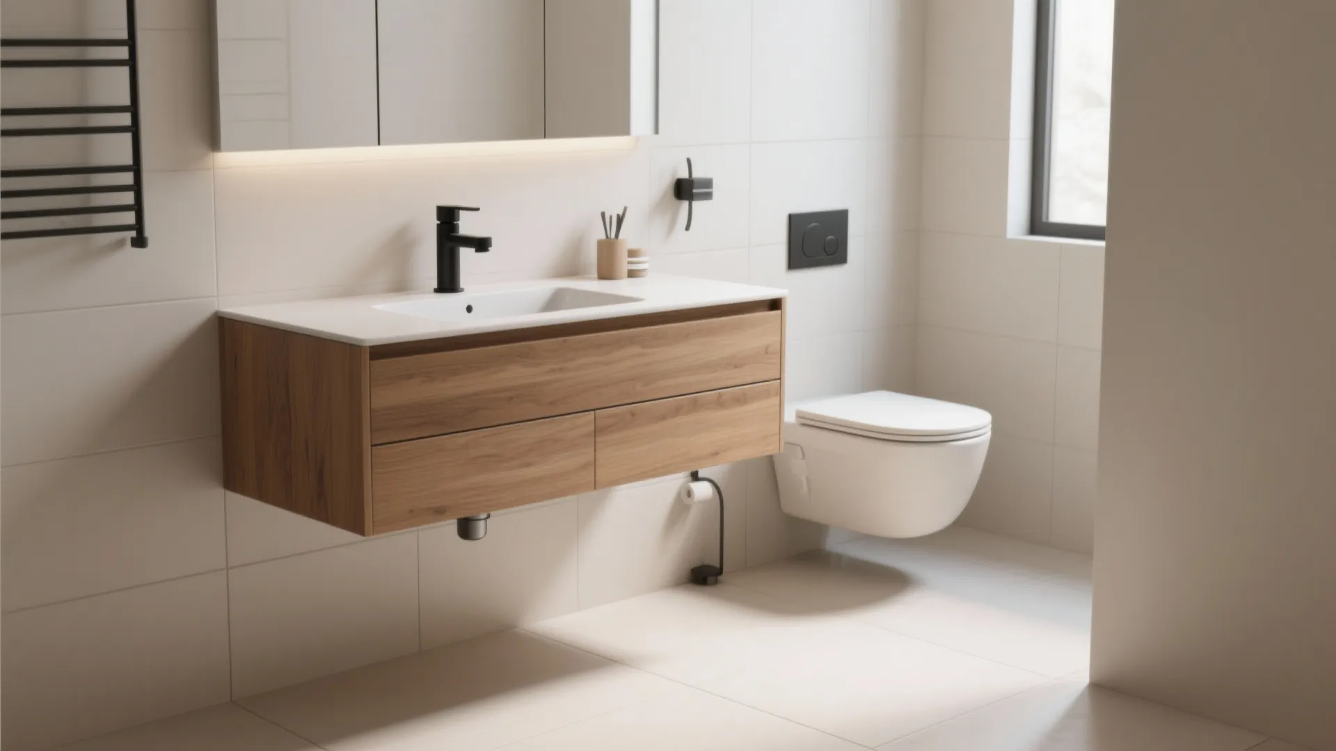 3. Use a floating vanity and wall-hung fixtures