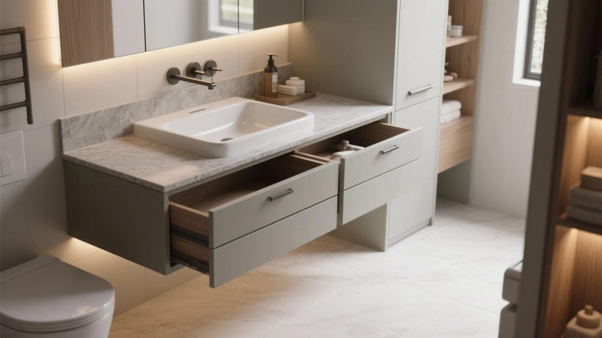 2. Floating Vanity and Concealed Storage