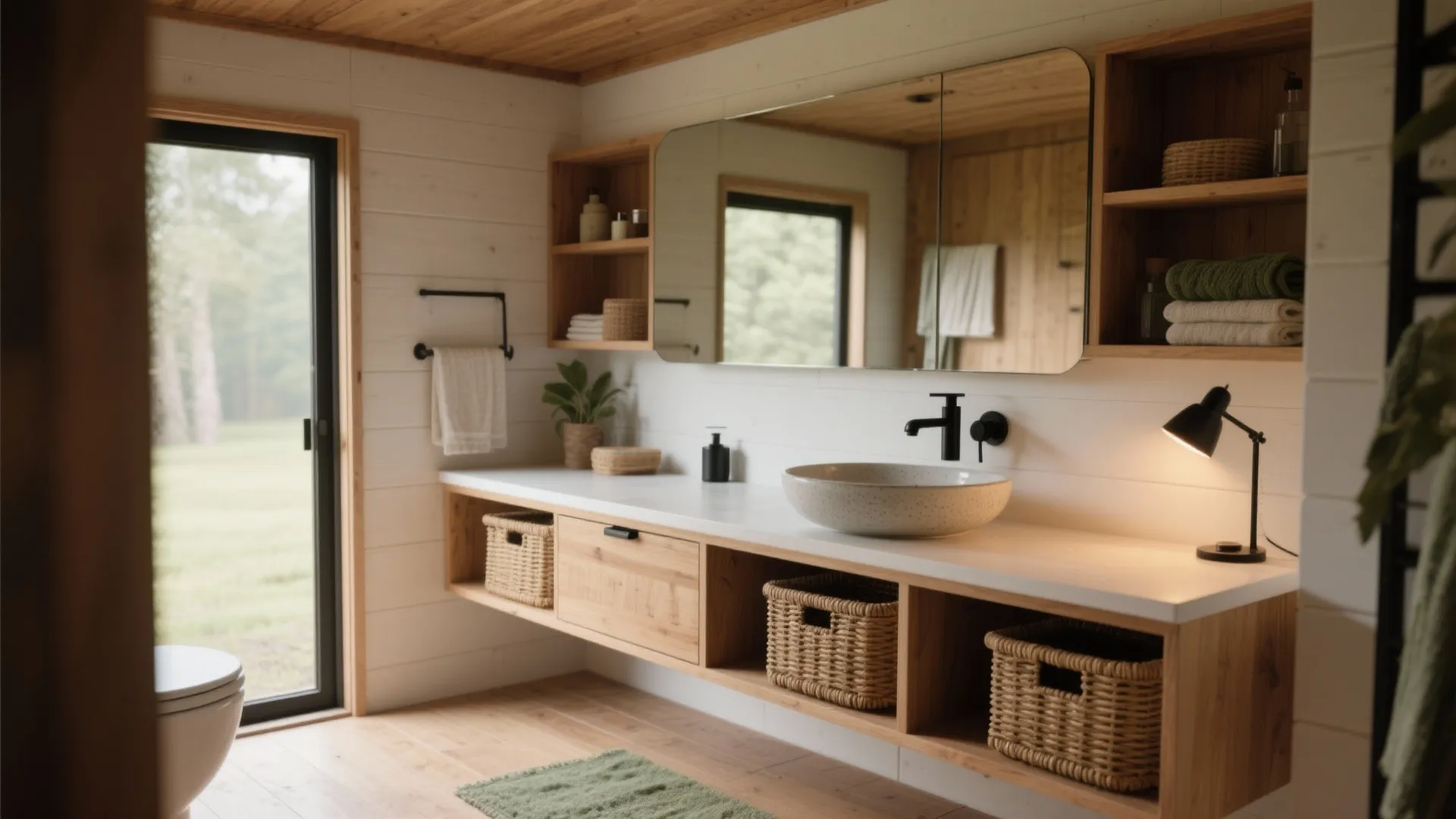 Floating vanity with open shelving, baskets, and a large mirror to maximize light in a small cabin bathroom.