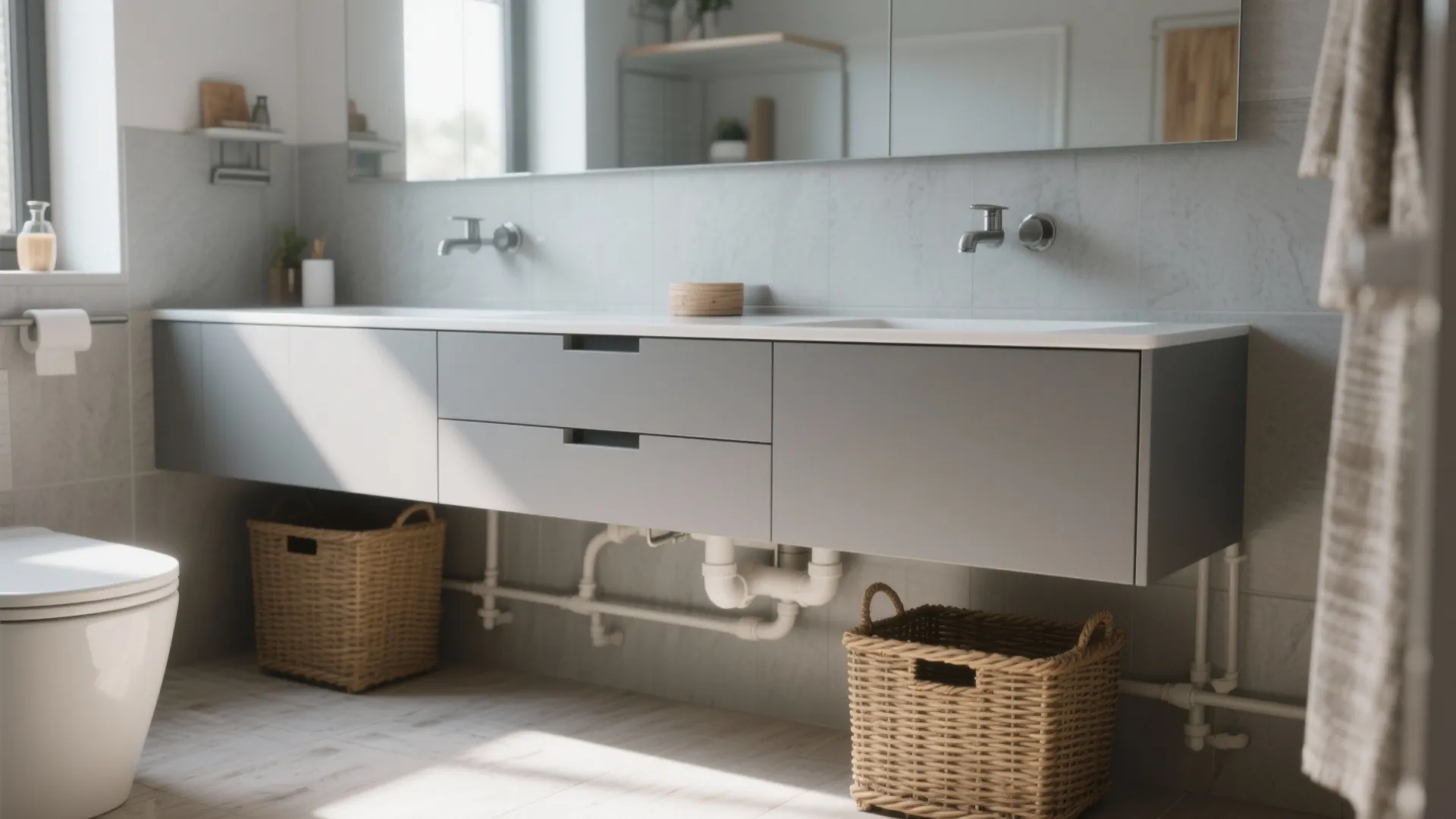 Modern bathroom with grey wall cabinet and double sinks plus large mirror and wicker baskets