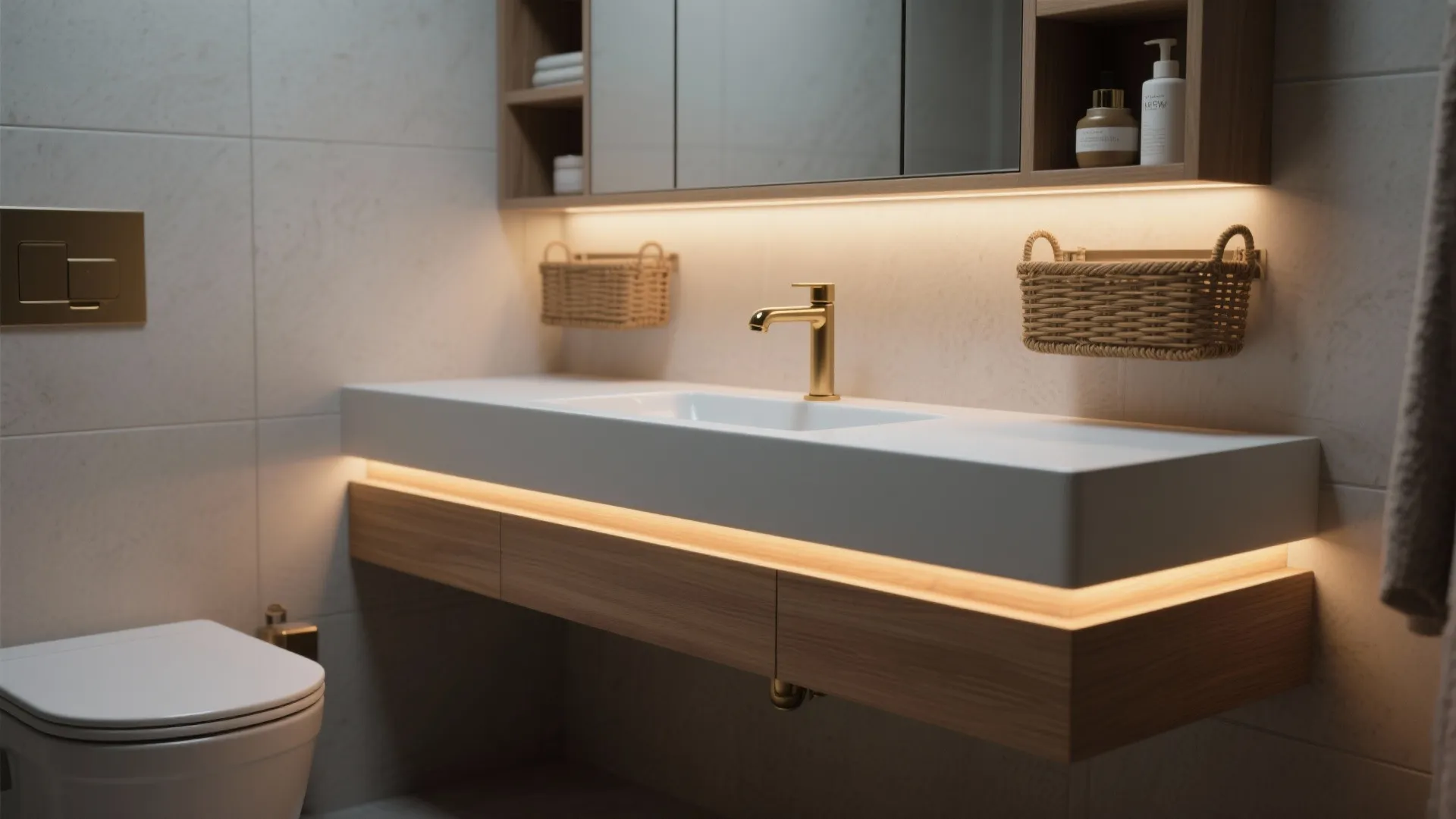Modern bathroom with floating wood cabinet gold faucet white sink and warm lighting on wall