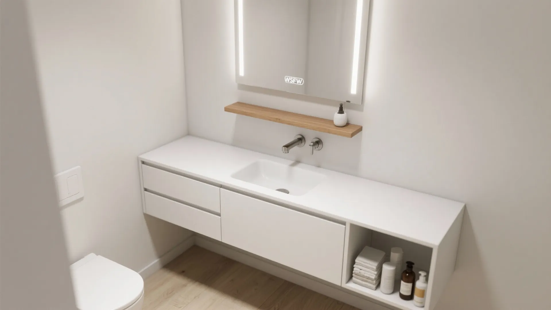 Minimalist white bathroom cabinet with a wood shelf and a large mirror with bright lights