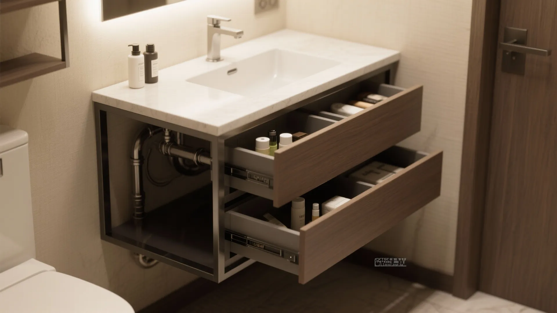 Wall cabinet with open wooden drawers showing organized storage for toiletries under a white sink