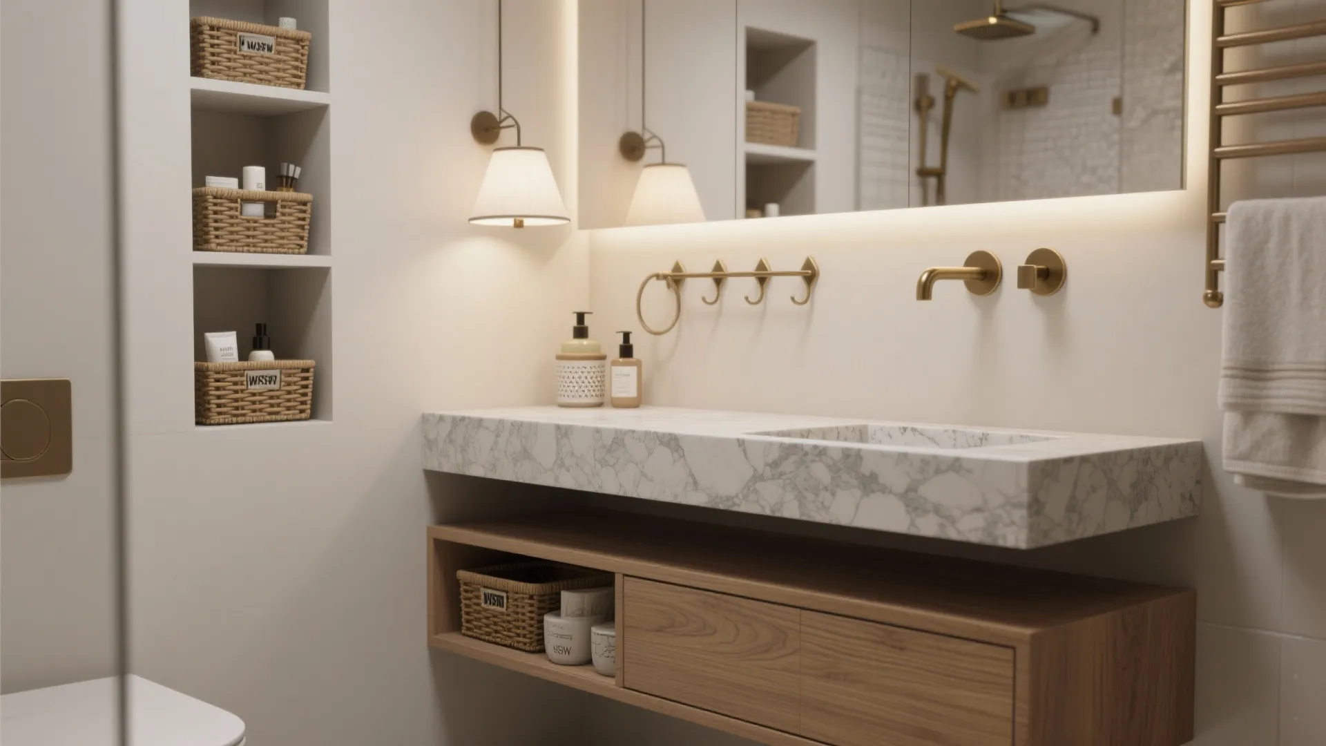2. Floating Vanity and Built-In Storage Nooks