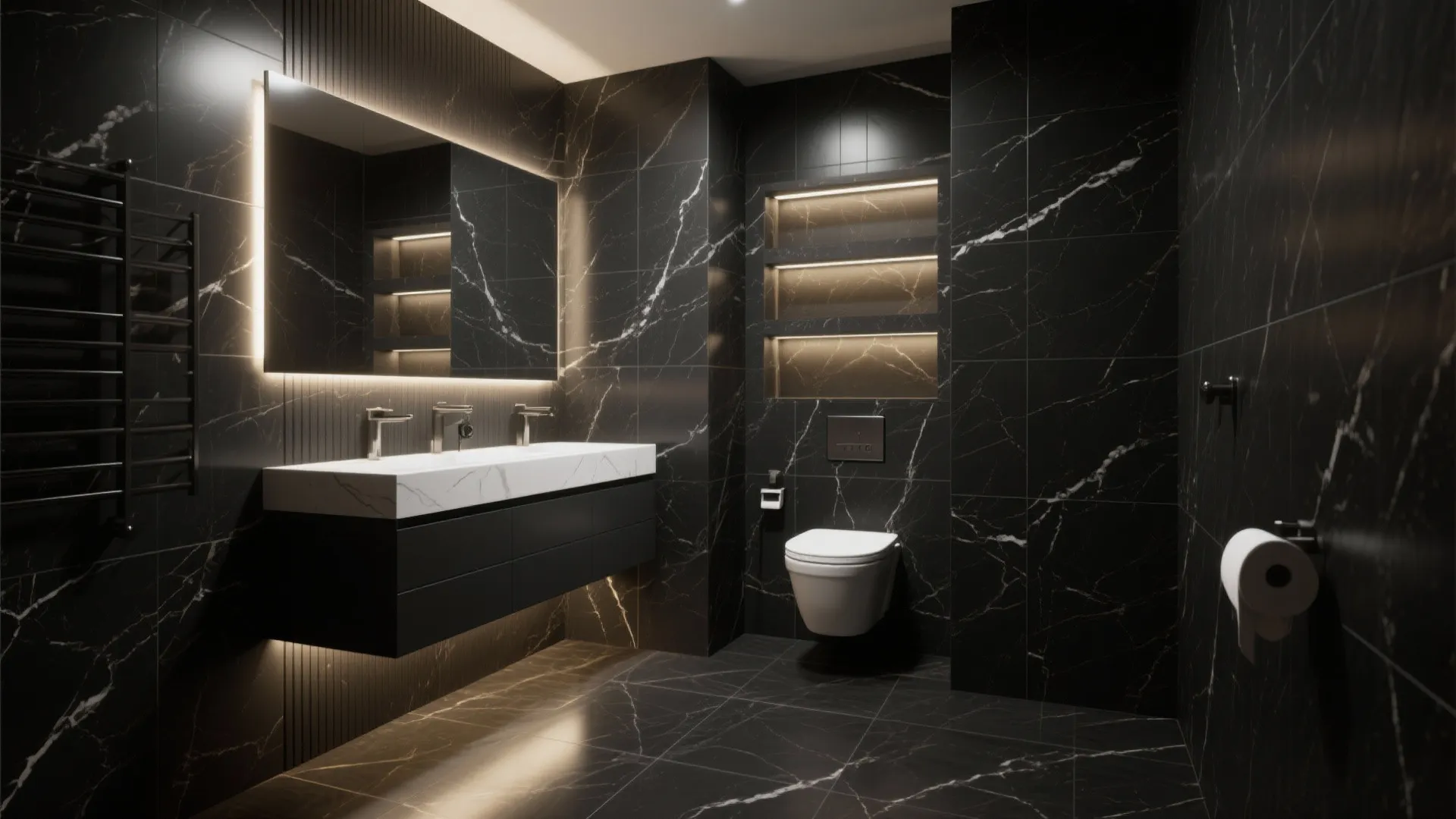 Floating vanity and wall-hung WC with aligned recessed niches in black marble tiles, maximizing floor visibility and storage in a small bath.