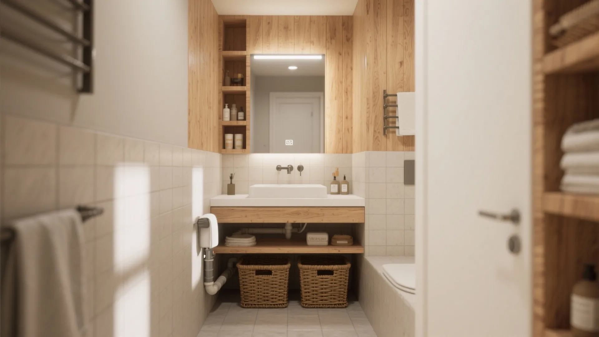 2. Floating vanity with open shelves