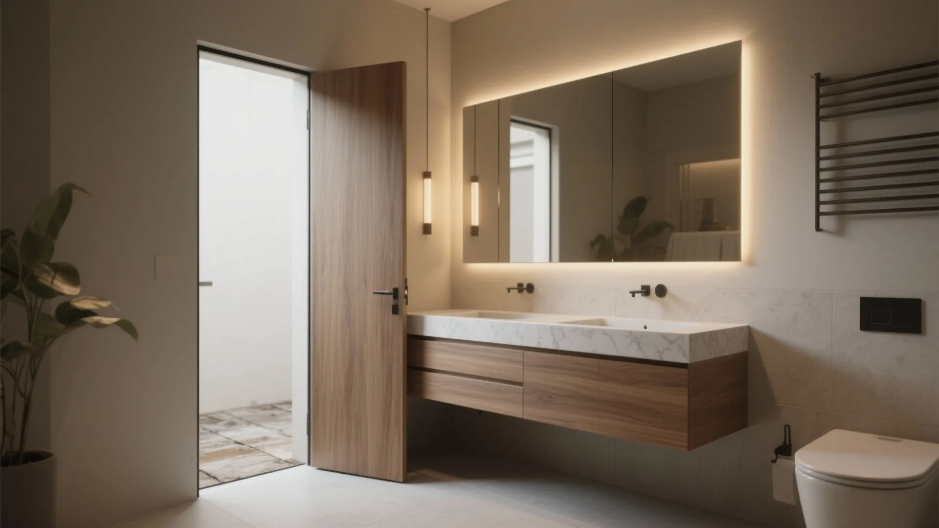 Modern bathroom featuring a floating wood cabinet with marble top, double sinks, and a mirror