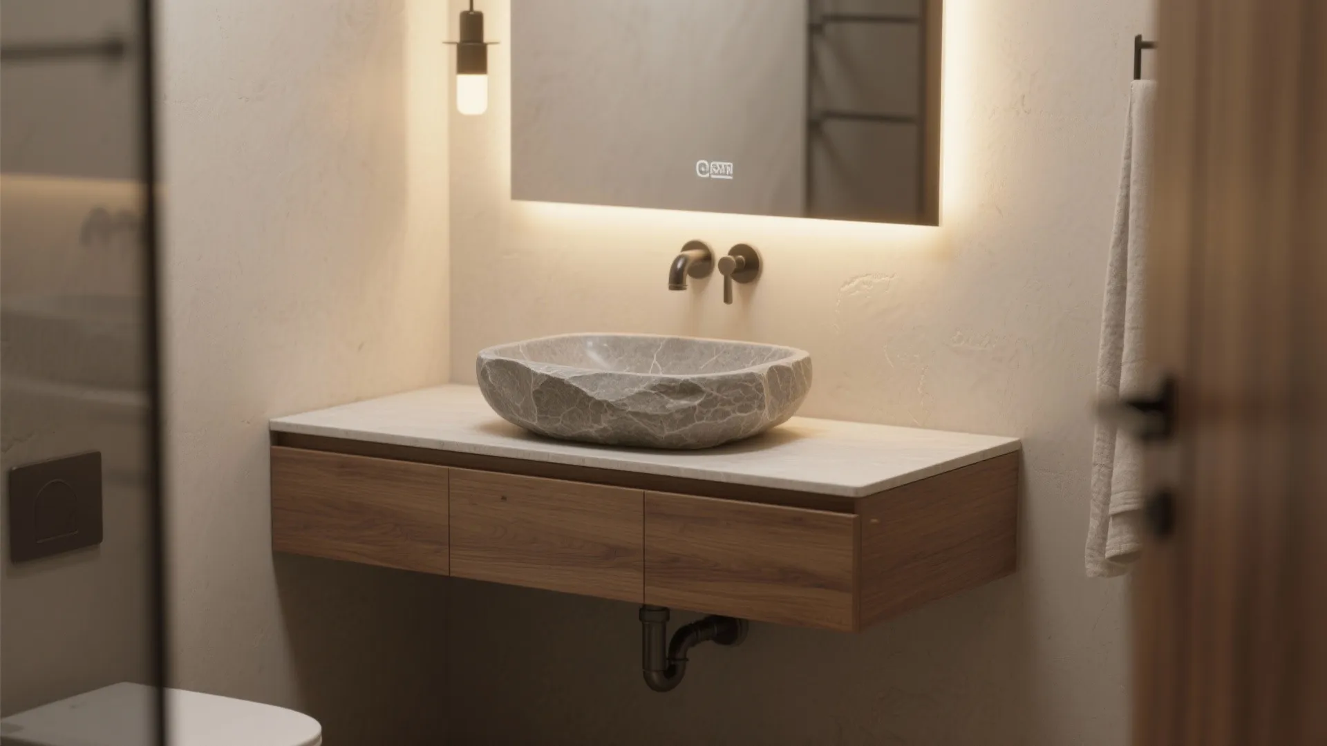 Floating wood vanity with a heavy sculptural stone basin and clear floor space beneath.