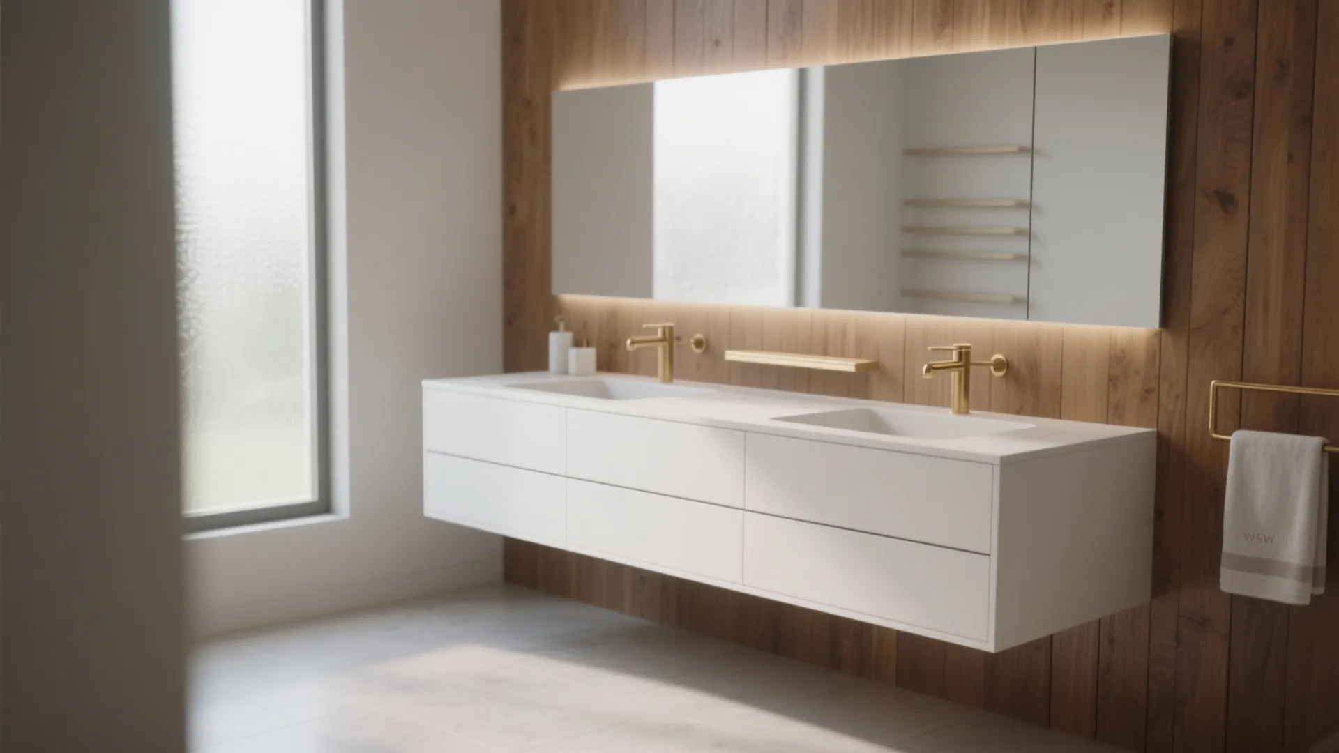 2. Floating vanity with hidden towel shelf