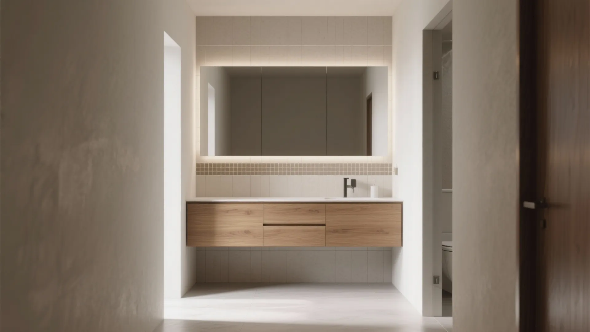 Minimalist bathroom with floating wood cabinet large backlit mirror white tiles and clean room layout