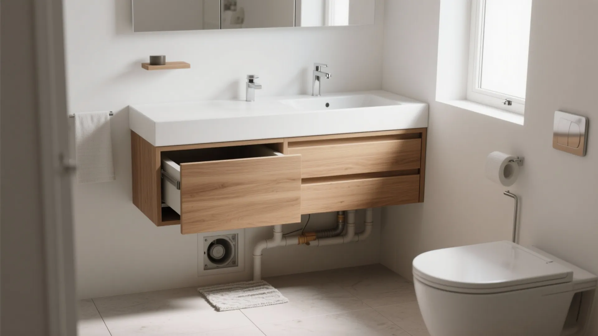 2. Wall-mounted vanity and concealed storage