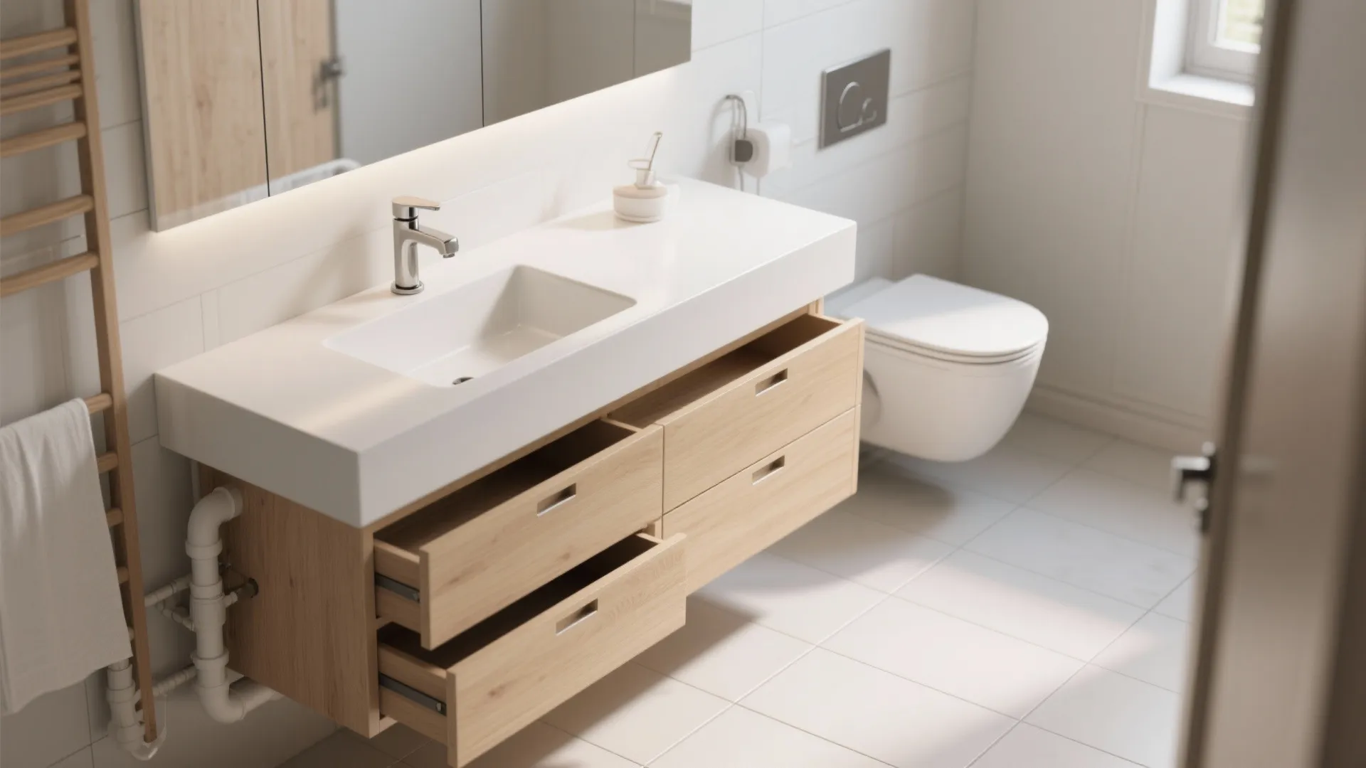 Floating vanity with shallow top drawers and deep linen drawers, wall-mounted faucet and concealed plumbing.