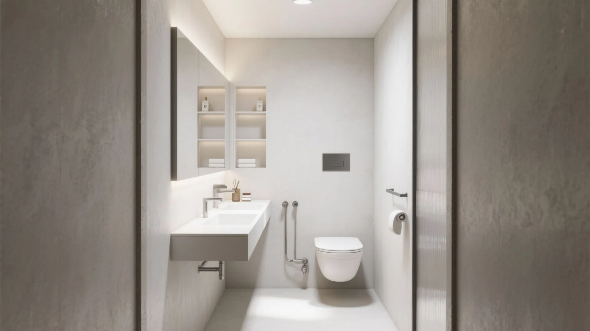 Narrow bathroom with thin-profile floating vanity and recessed plumbing over white microcement