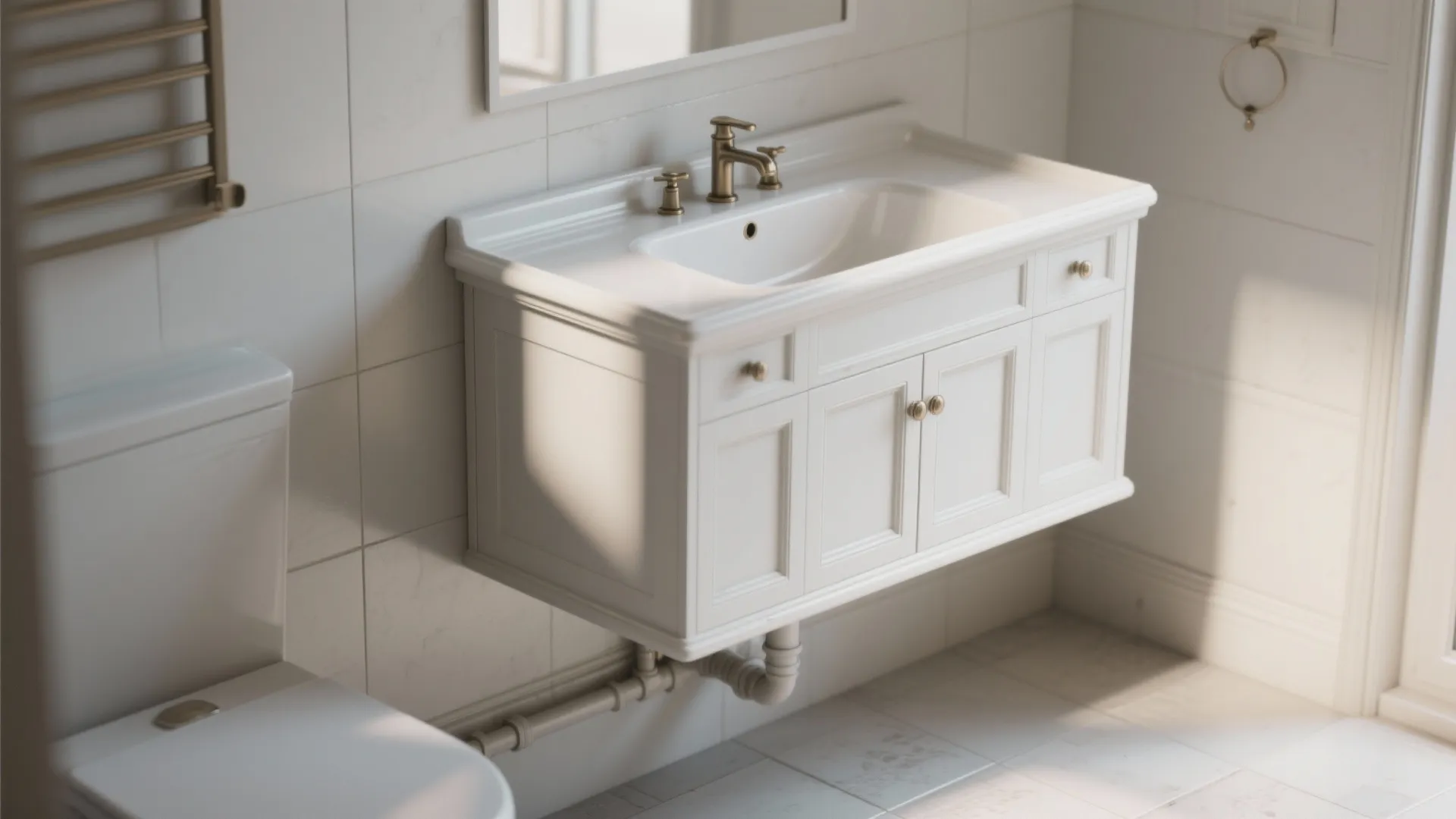 4. Floating antique white cabinet for modern small baths