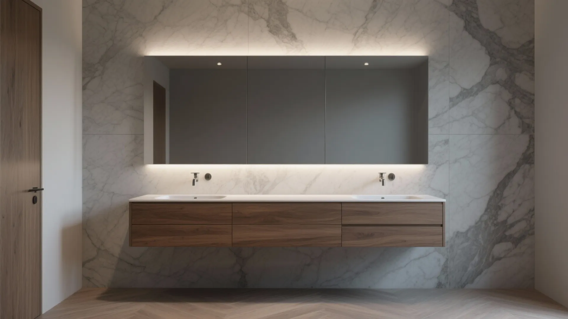 Modern bathroom with floating wood cabinet marble wall tiles large mirror and double sink vanity