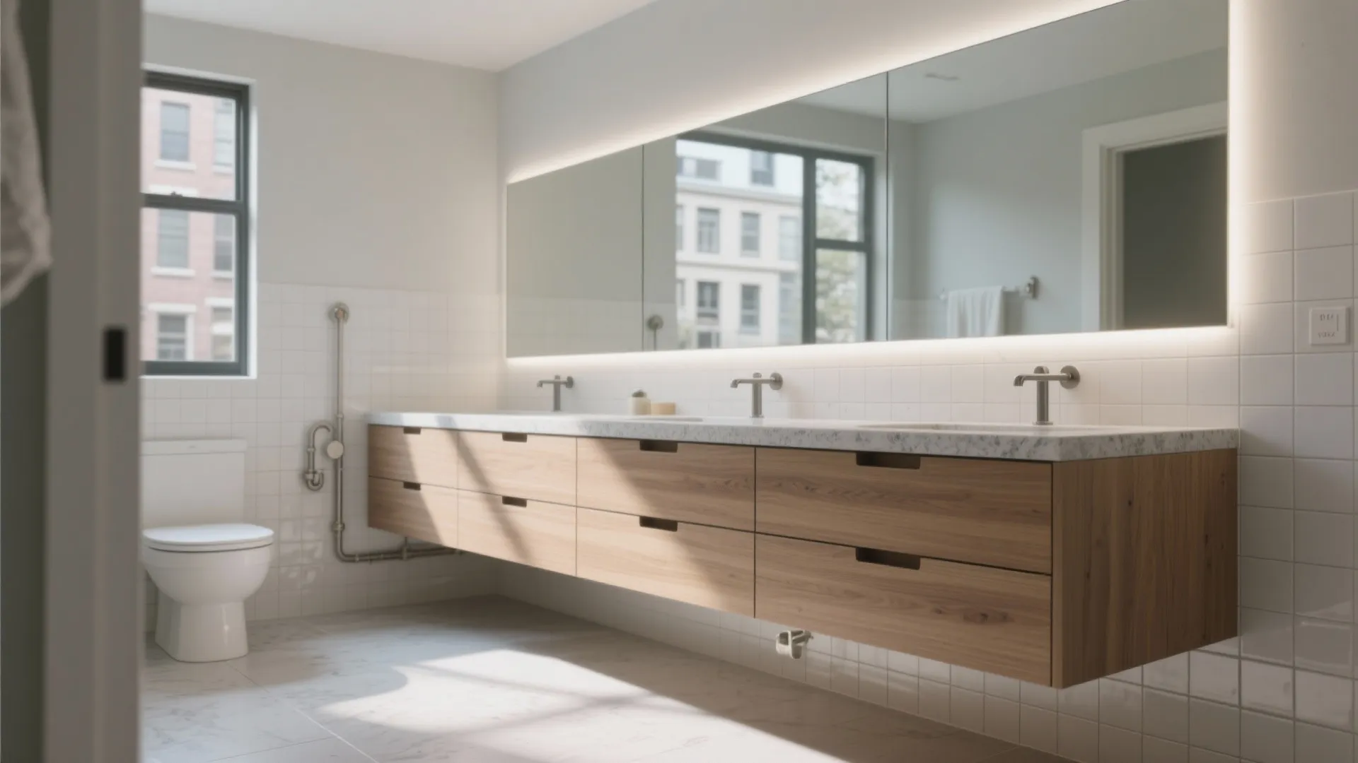 Floating wooden bathroom cabinet with a large mirror and marble top in a modern room