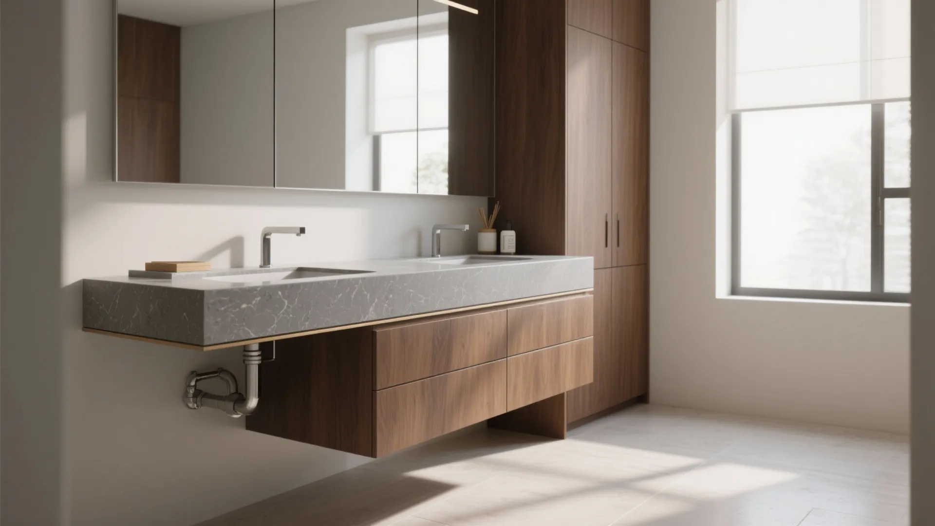 Floating vanity with thick grey quartz top and brushed metal edge above open floor space
