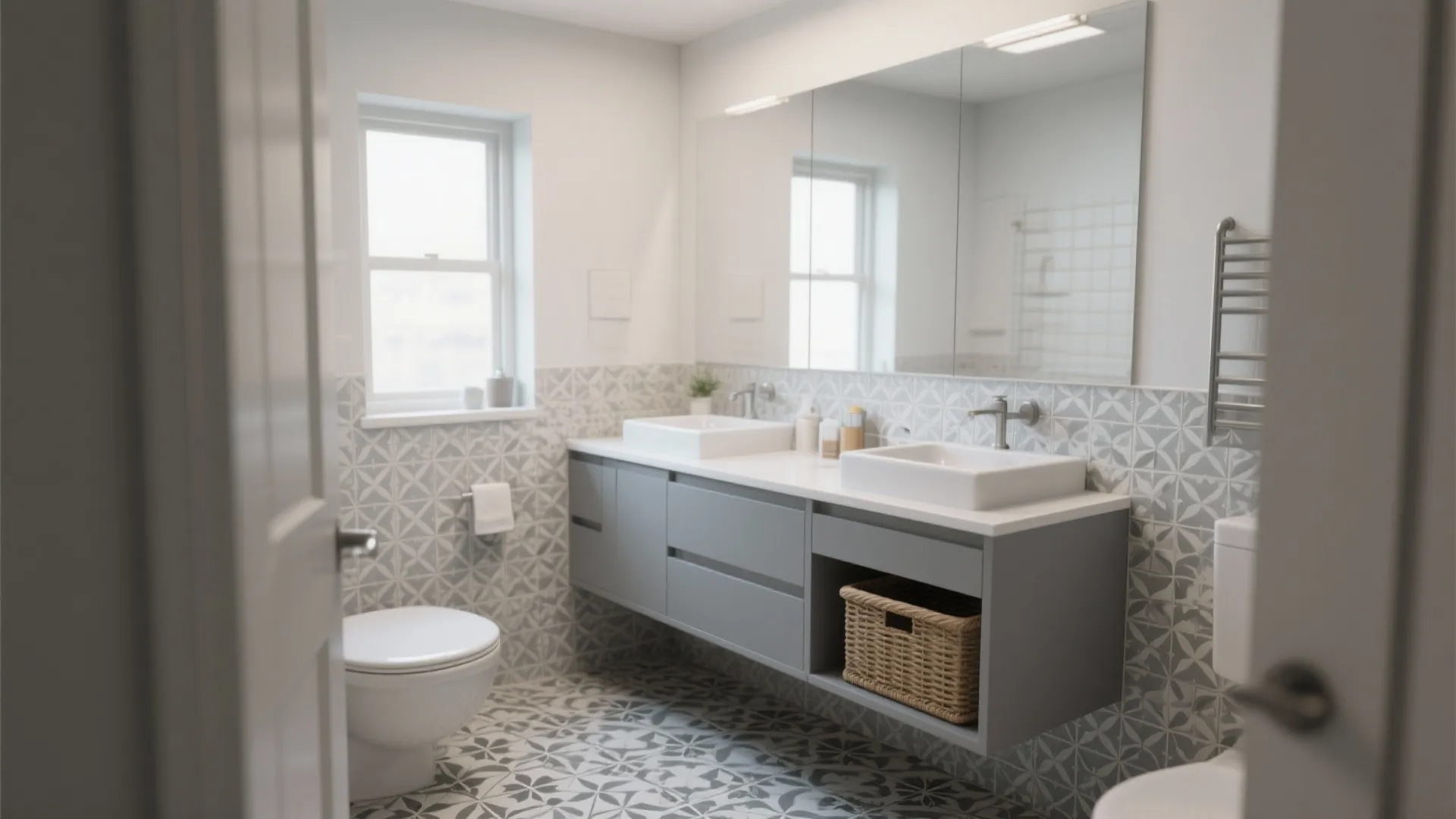 Bright bathroom with grey floating cabinet double white sinks patterned wall tiles and large wall mirror