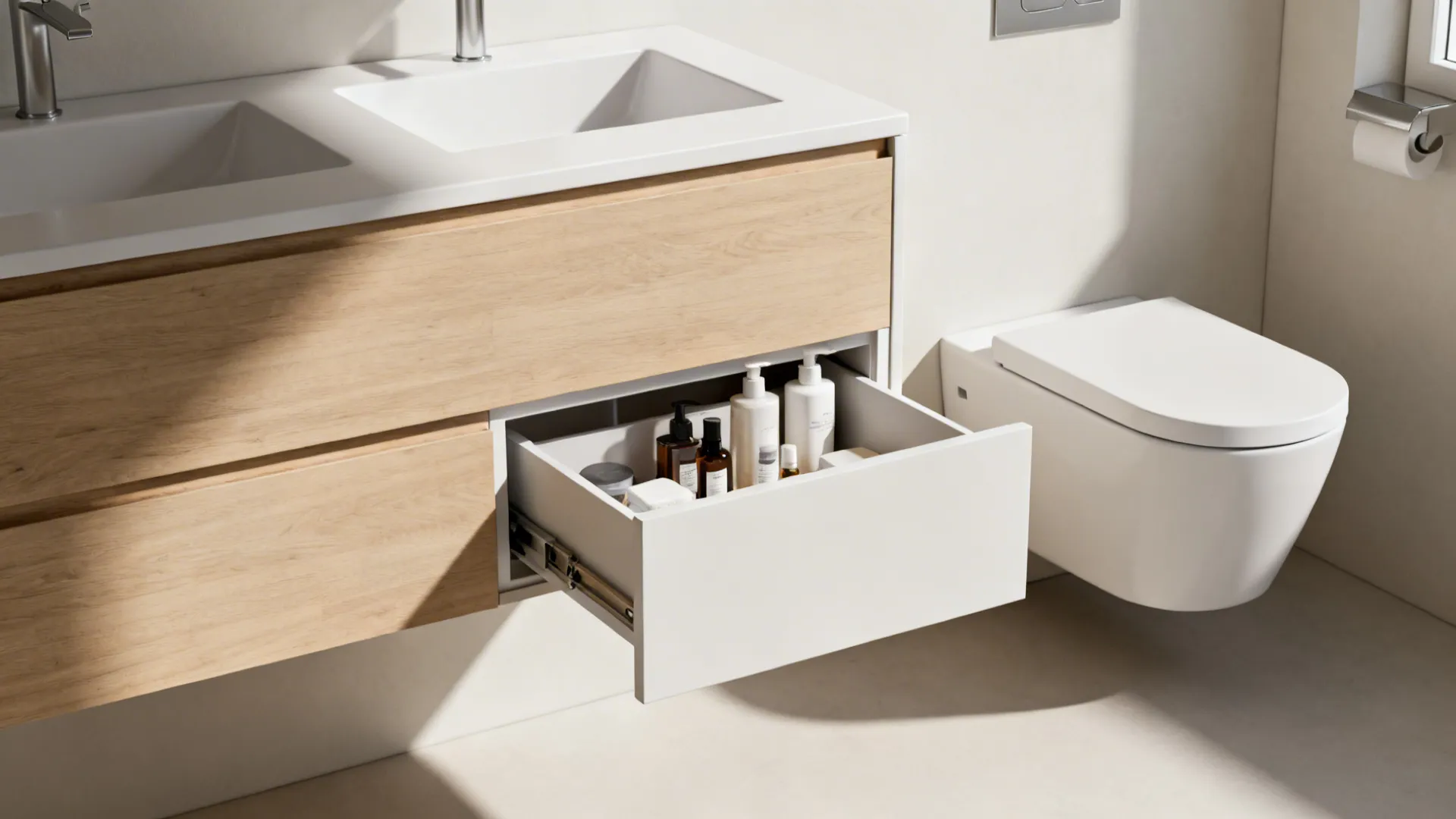 Floating double-seat vanity and wall-mounted toilet creating airy floor space in a small bathroom.