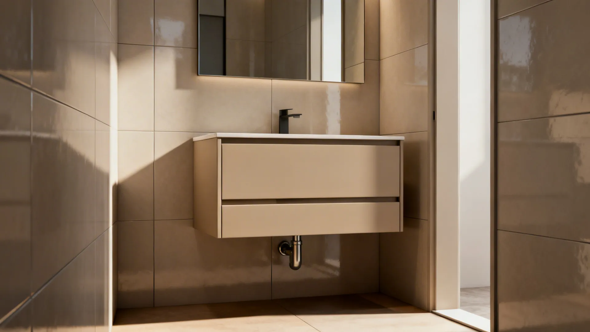 Modern beige floating sink cabinet mounted on a tiled wall under a large wall mirror