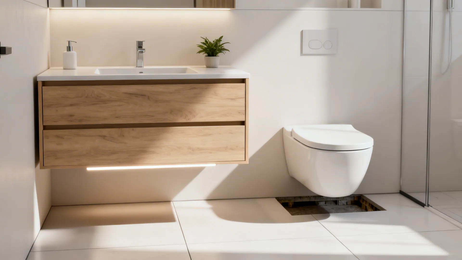 Slim wall-mounted vanity and wall-hung toilet creating visible floor space