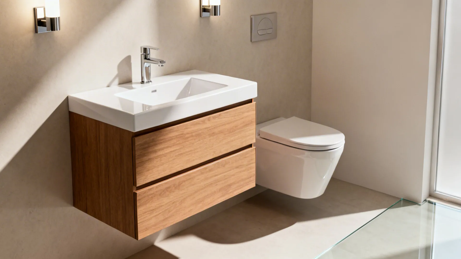 Wall-mounted vanity and toilet that open the floor space in a compact bathroom