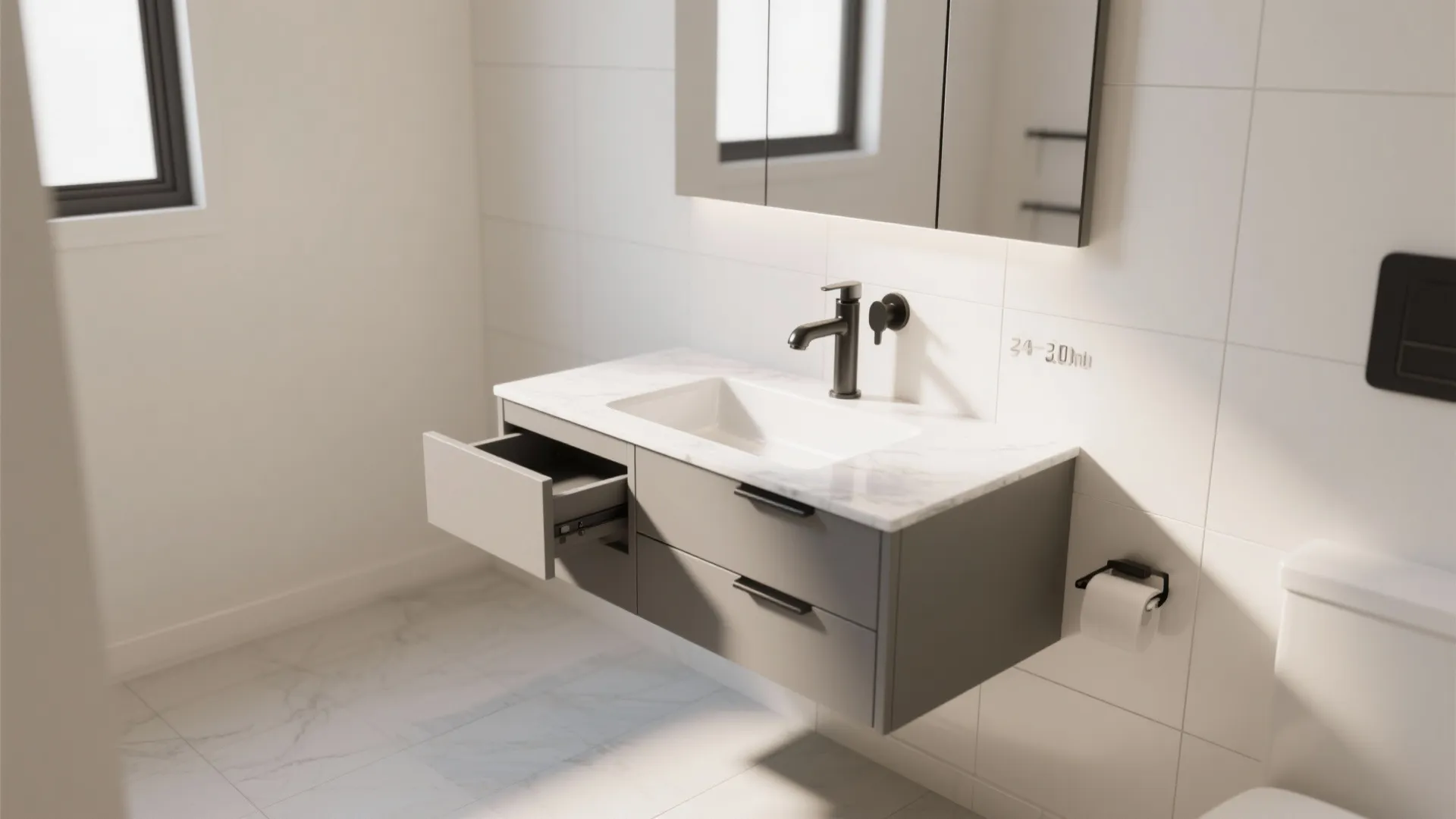 Modern bathroom with grey floating cabinet open drawer white marble top and black wall faucet