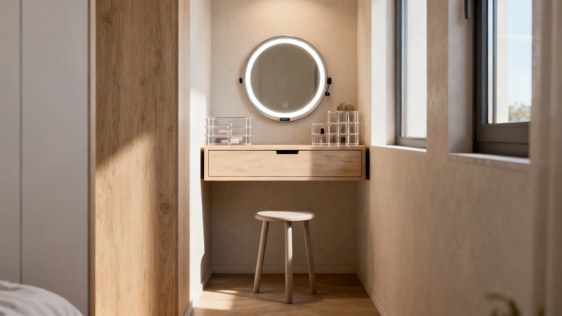 Narrow floating vanity with a round LED mirror and acrylic organizers in a bedroom alcove.