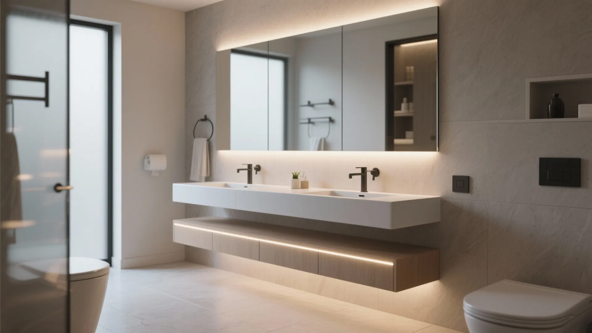 Modern bathroom with white floating double sink cabinet, large lighted mirror, and grey wall tiles