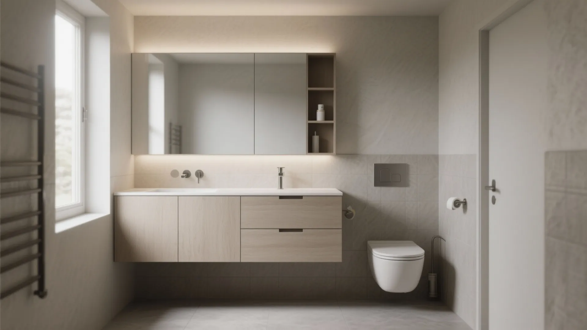 Modern bathroom with light wood cabinet large mirror white toilet and soft lighting on grey tiles
