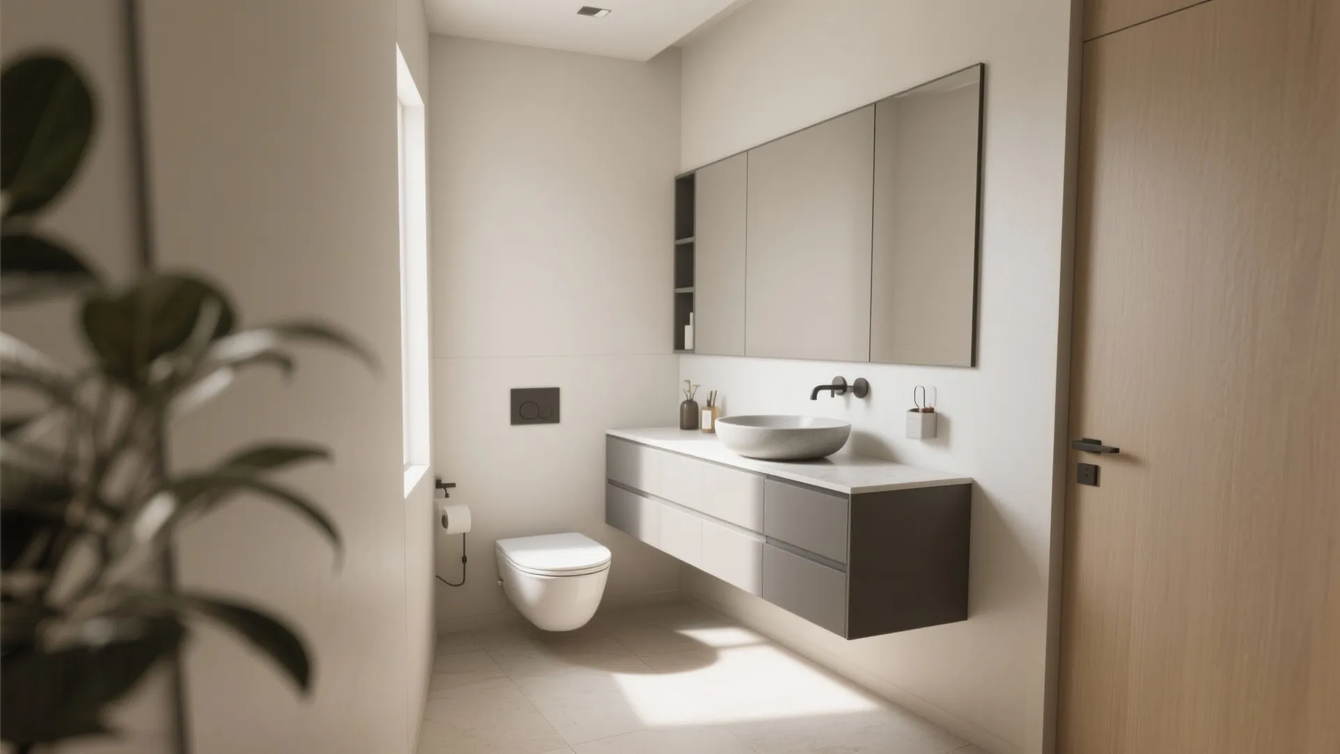 Modern bathroom with floating grey cabinet, round white sink, large mirror, and wall mounted toilet