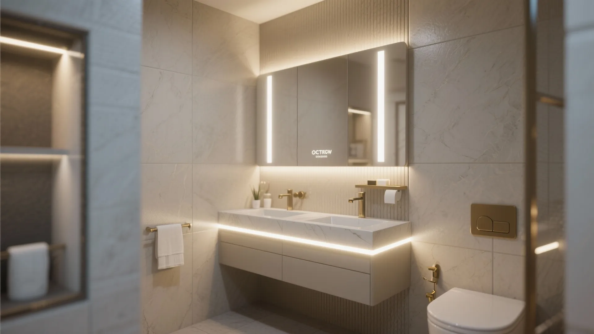 Minimalist bathroom with floating double sink cabinet lighted mirror wall tiles gold faucets and white toilet
