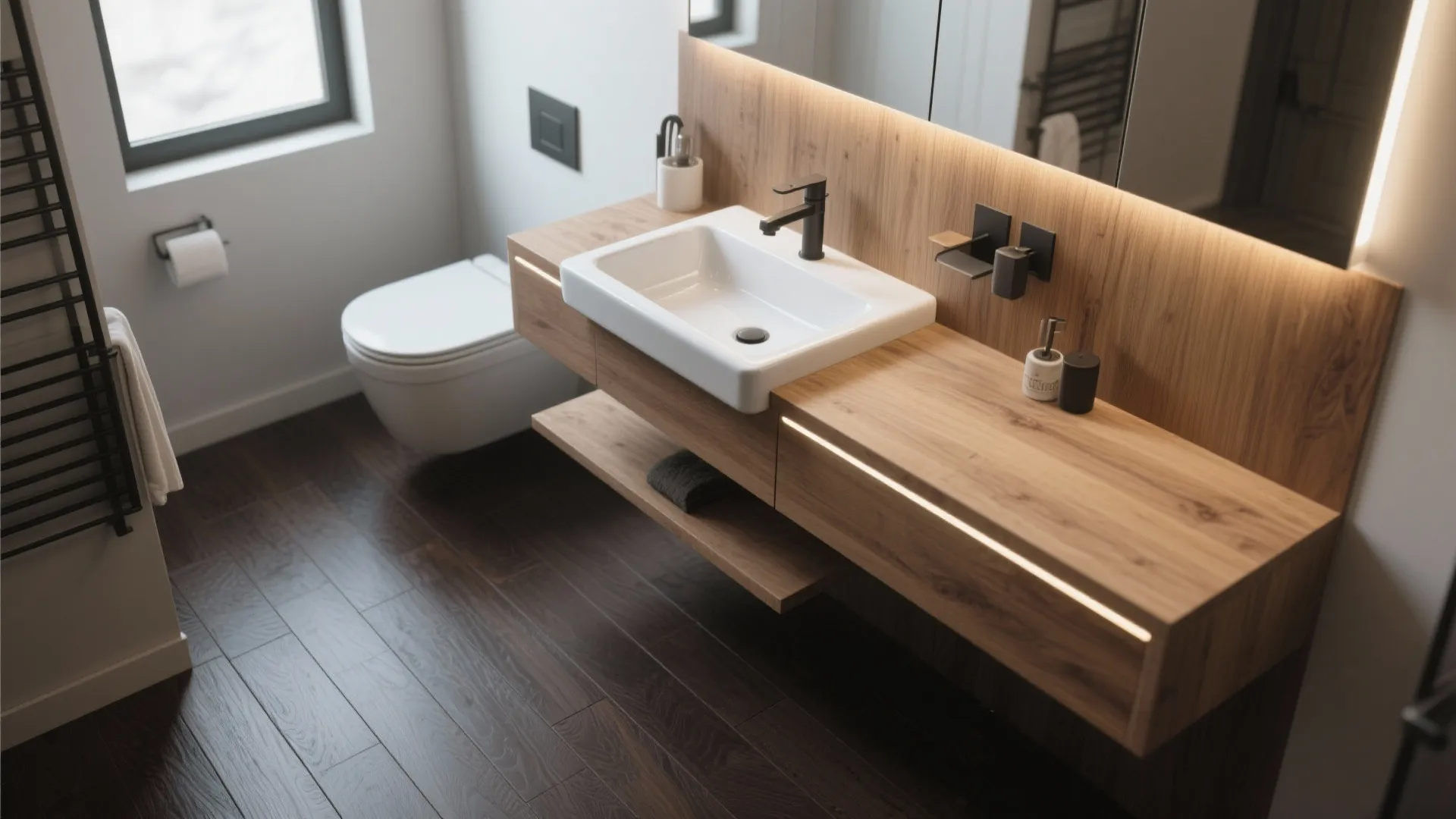 Modern bathroom with wooden cabinet and white sink beside a toilet and a dark wood floor