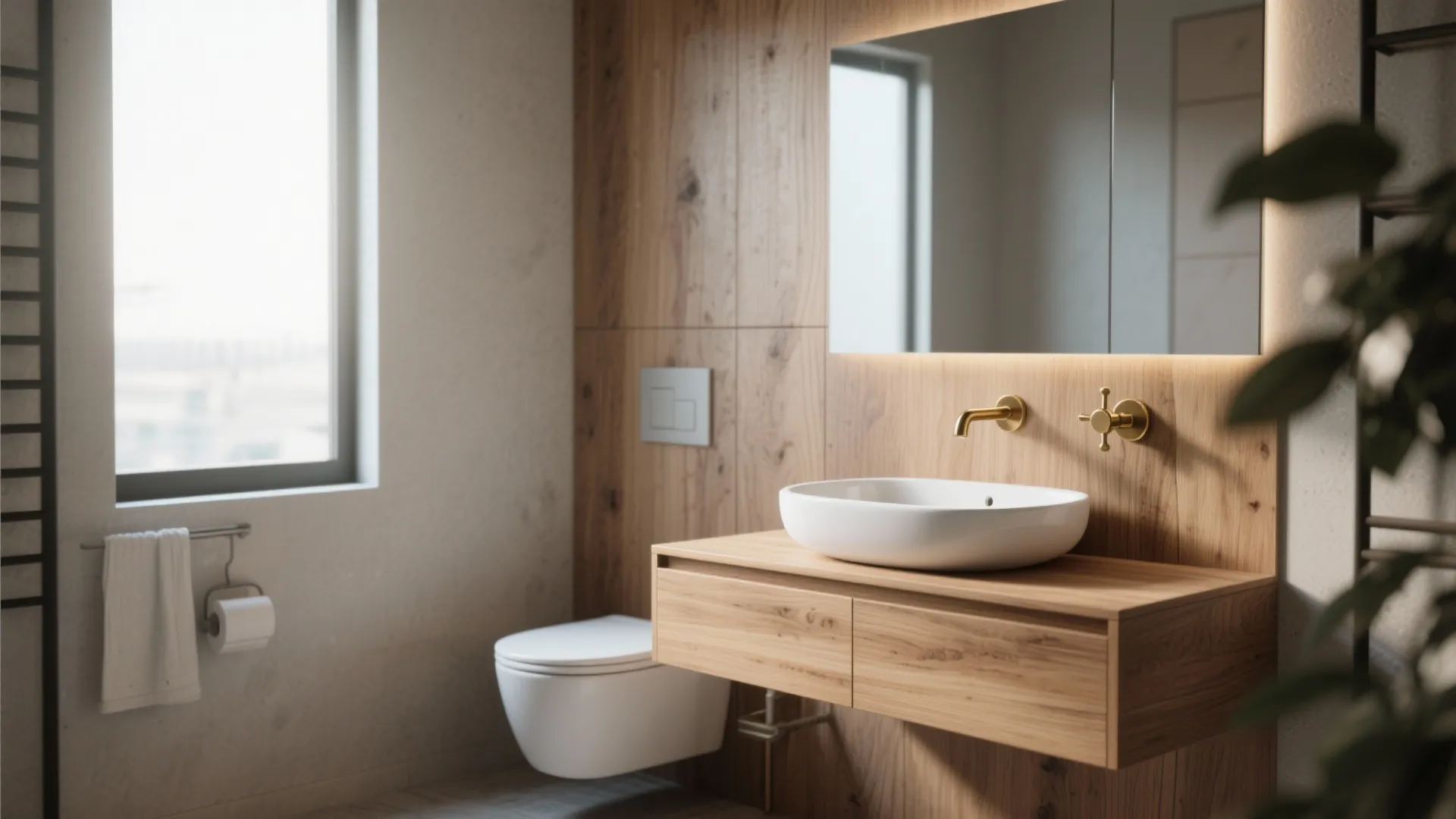 Modern bathroom with wooden wall panels a floating cabinet white sink and a wall mirror