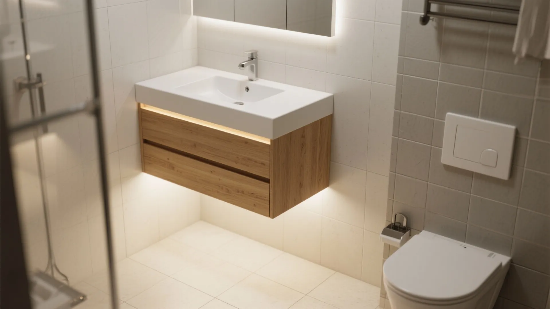 Modern bathroom with wall hung wood cabinet white sink toilet and warm integrated led lighting