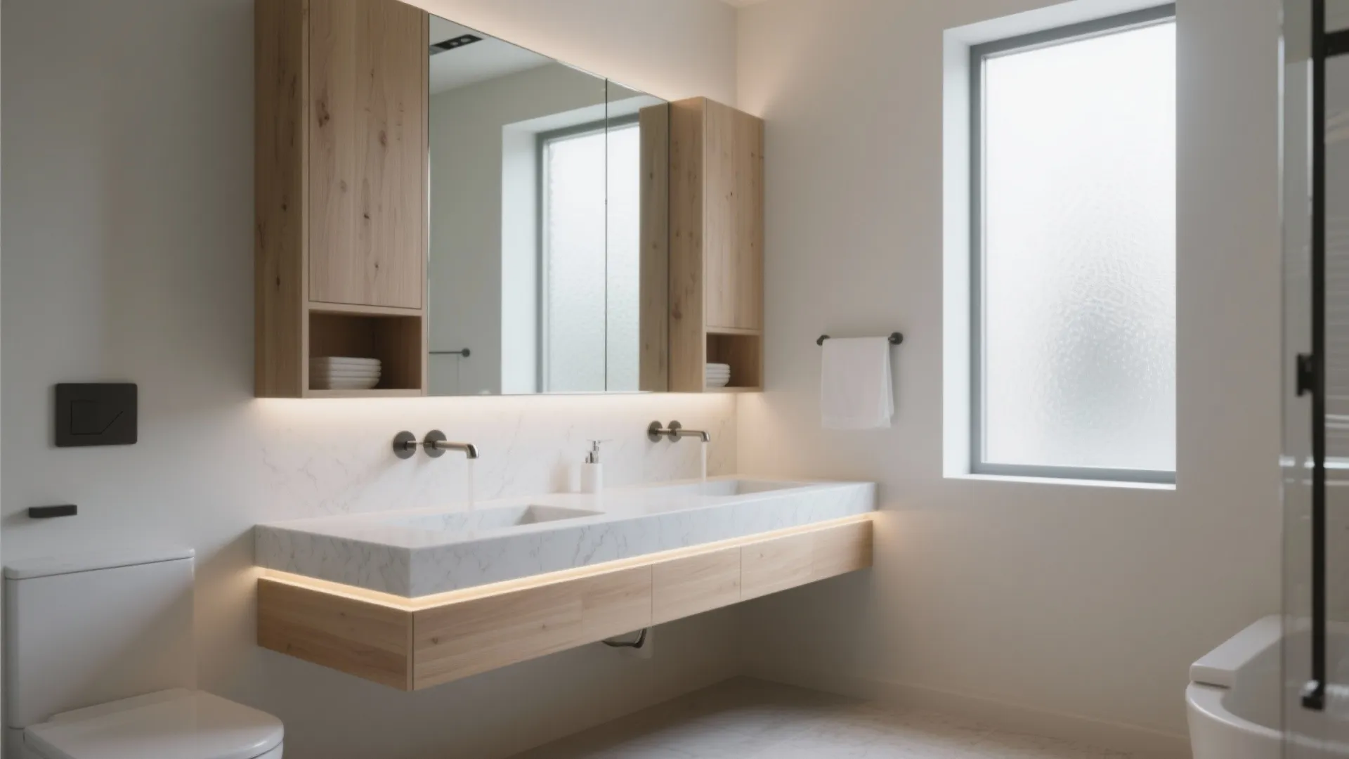 Minimalist bathroom with double sink marble counter wooden cabinet large mirror wall light and white toilet