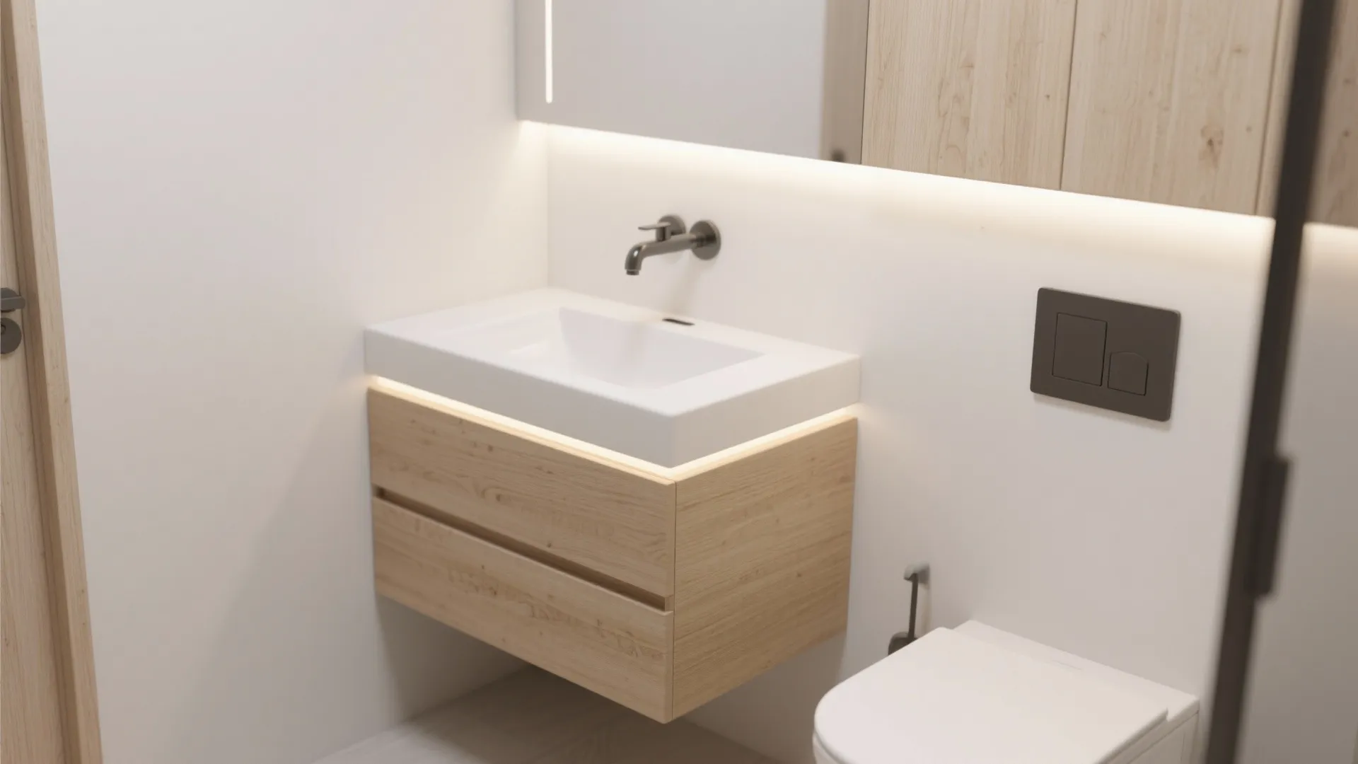 Modern bathroom with wooden cabinet and white sink plus black water tap and white toilet