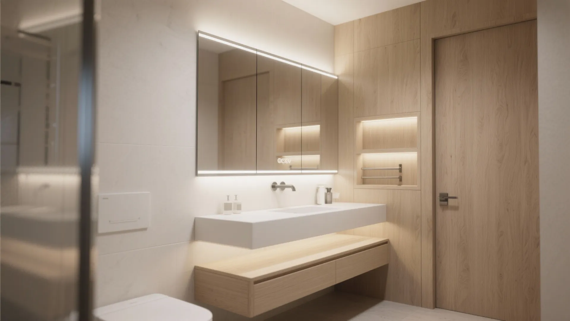Contemporary bathroom with wooden wall panels lighted mirror white floating sink and clean wood door