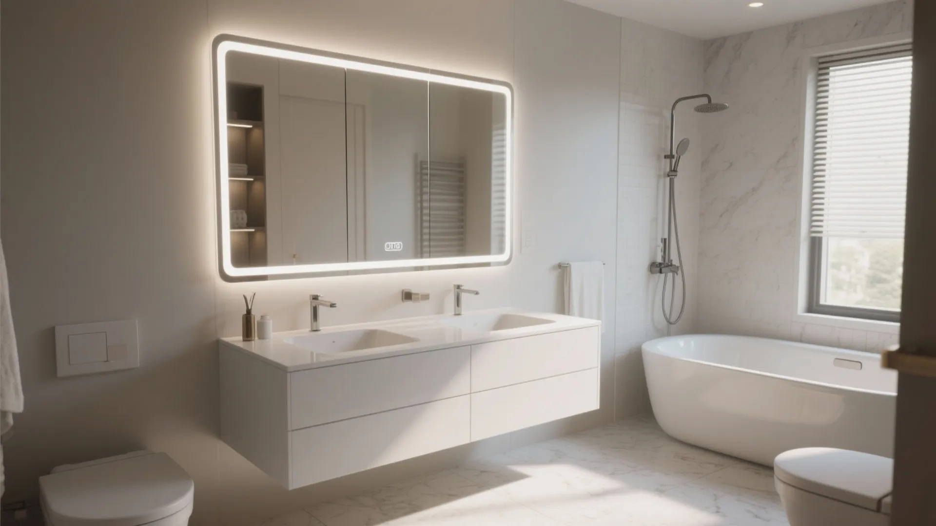 Modern white bathroom featuring a large light mirror double sink cabinet bathtub and marble floor