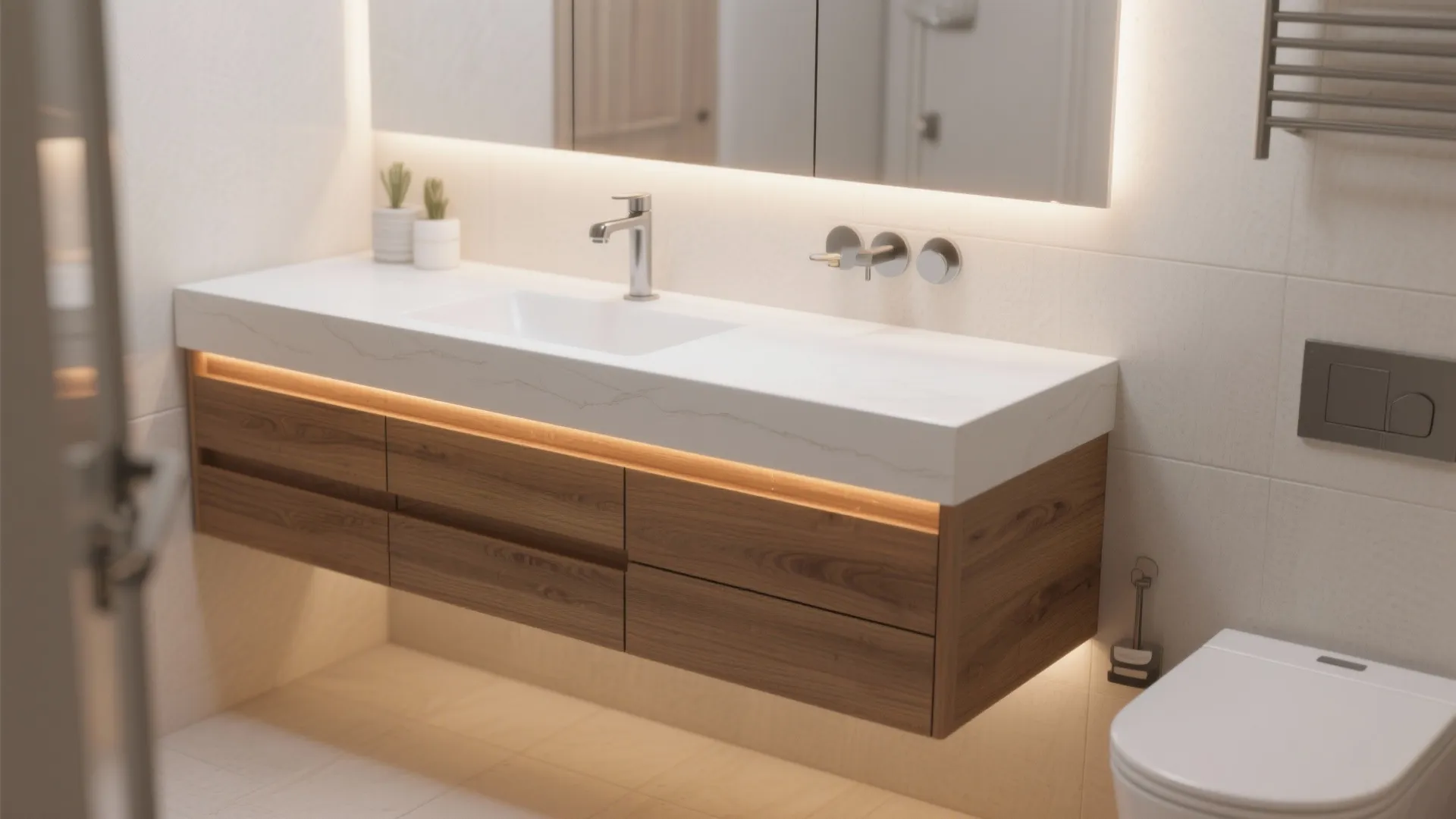 Modern bathroom with wooden floating cabinet white stone sink silver faucet and warm integrated lighting