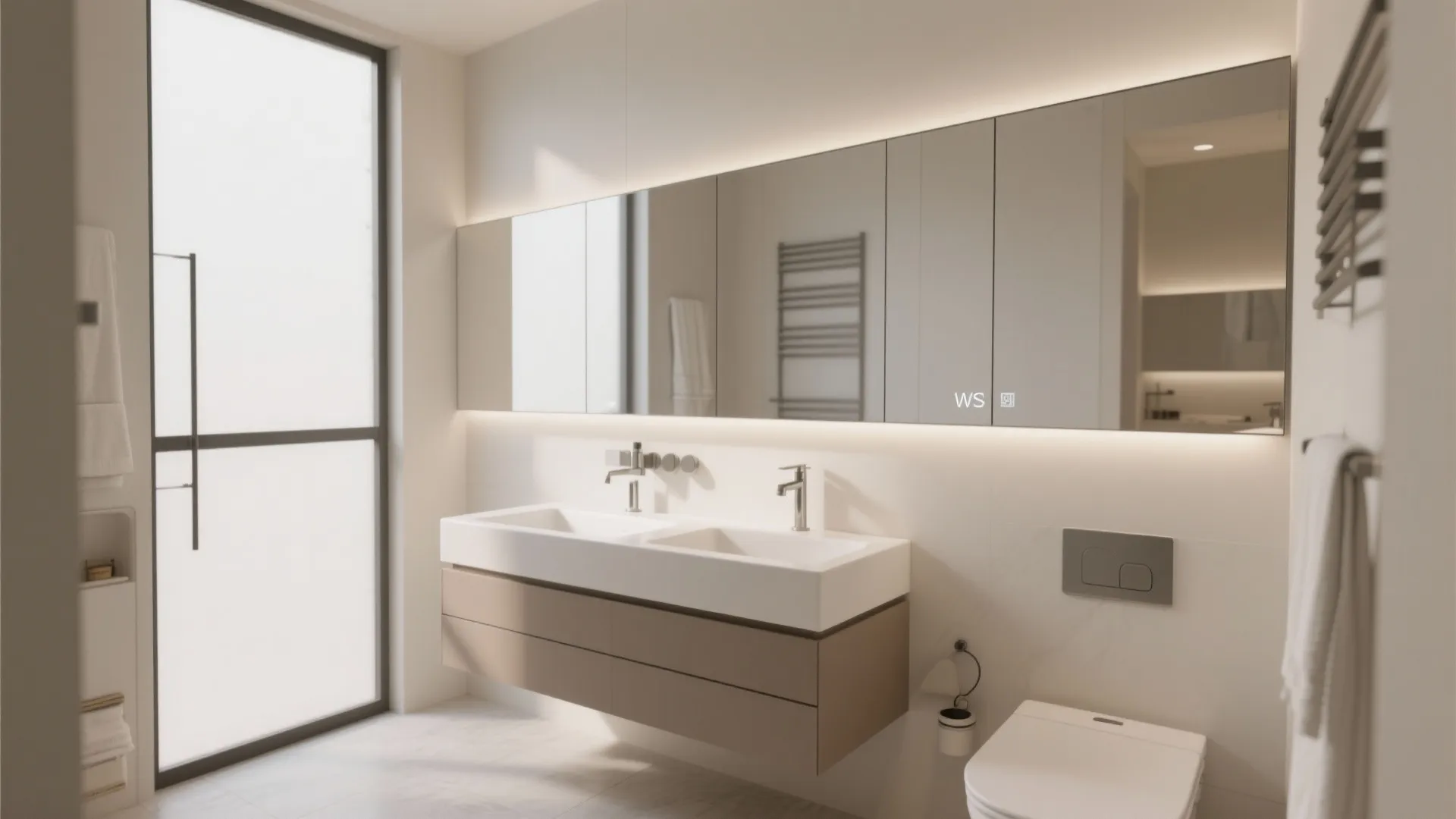 Bright minimalist bathroom featuring a double sink cabinet with long lit mirror and white toilet fixture
