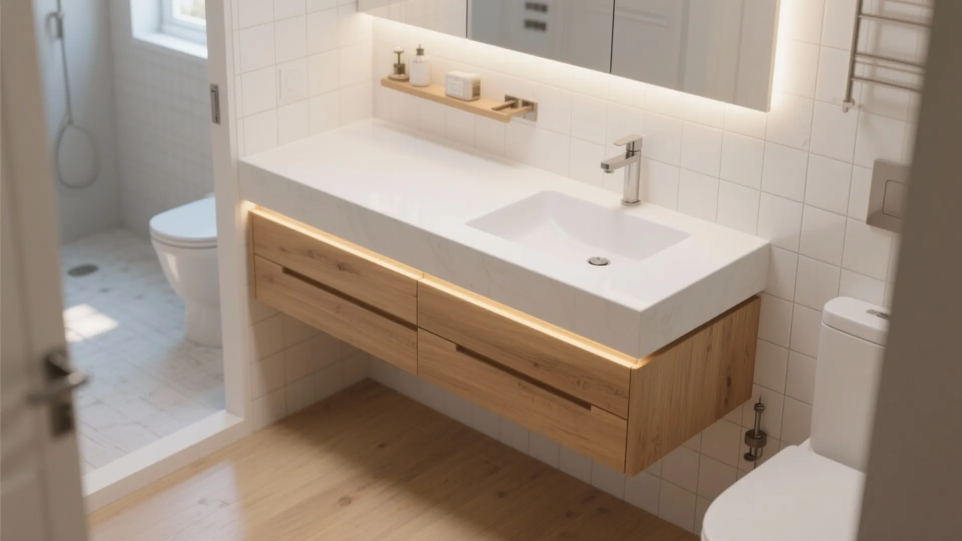 Modern bathroom with white sink cabinet and wood drawers beside a toilet with white tiles