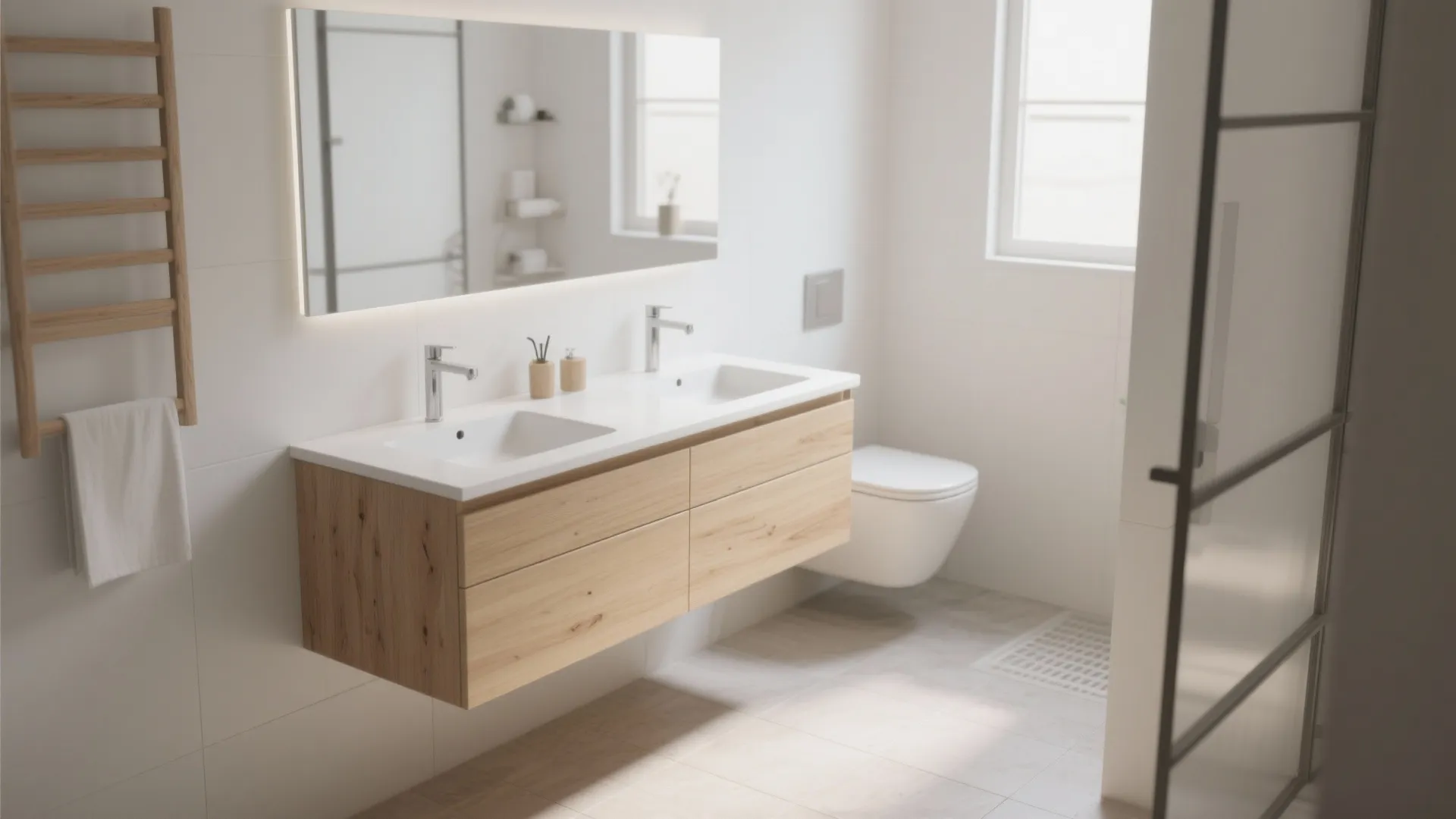 Modern white bathroom featuring wooden cabinet with double sinks large mirror and a white toilet