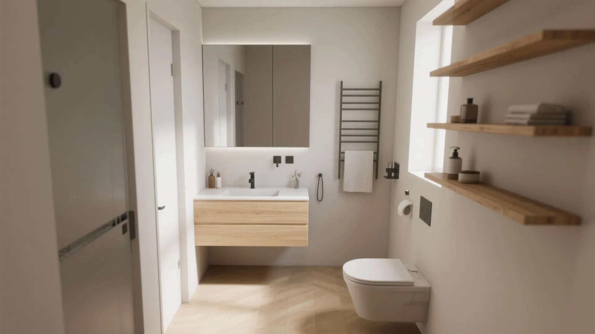 Sleek floating vanity exposing more floor space in a small bathroom
