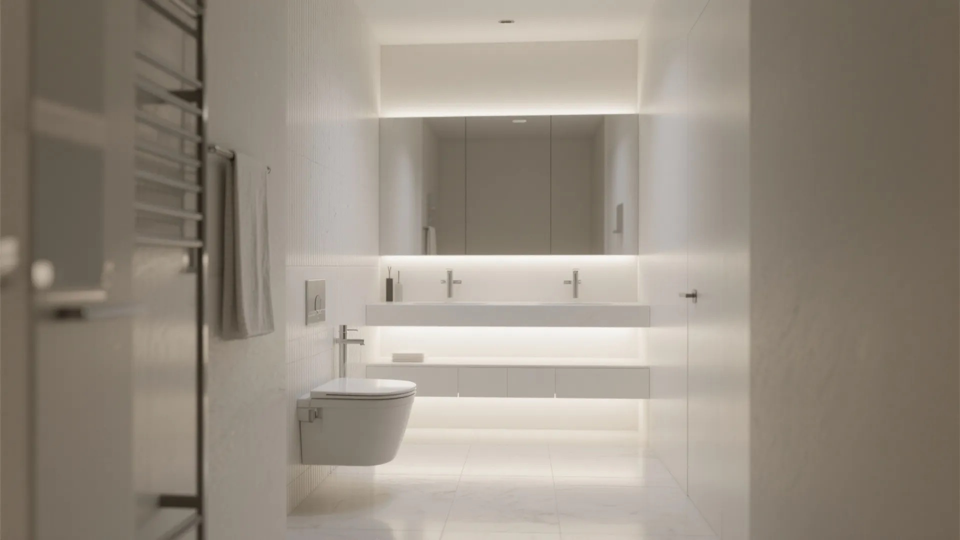 Modern white bathroom with floating cabinet double sinks large mirror wall toilet and soft warm lighting